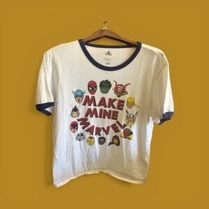 Disney White Ringer Tee with Navy Trim "Make Mine Marvel" Graphic Superhero Top